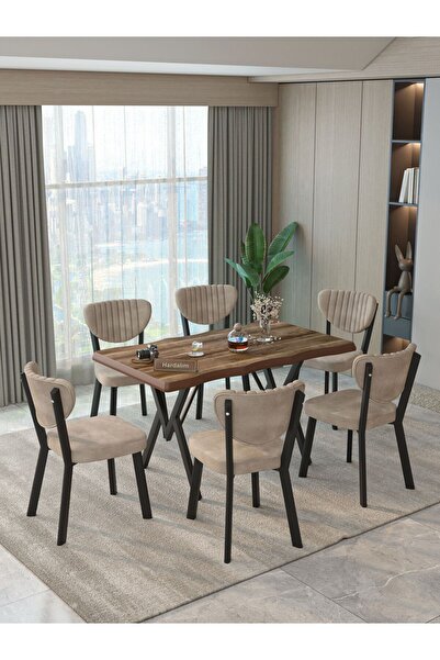 Hardalım Consept Mdf Kütük Masa 140x80 Elma Sandalye 6 Adet Babyface Kumaş Mu...