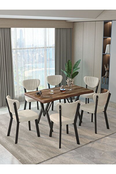 Hardalım Consept Mdf Kütük Masa 140x80 Elma Sandalye 6 Adet Babyface Kumaş Mu...