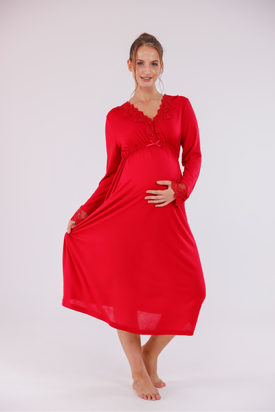 Yulem Homewear Red Lace Detailed Cotton Maternity Nightgown with Nursing Feature