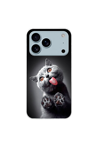 PrintiFy Apple iPhone 18 Pro Max İle Uyumlu Kedi 2 Baskılı Şeffaf Kılıf