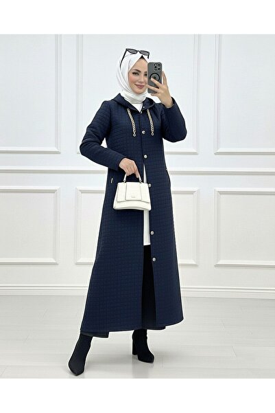 Modamorfo Long Quilted Coat with Chain Detail on the Collar - Navy