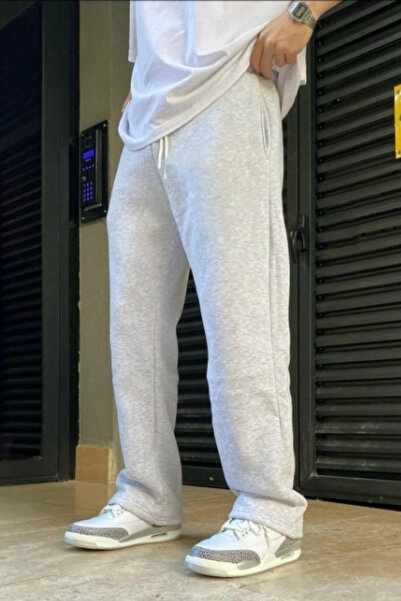INFLUYENTE Men's Gray Winter Fleece-Lined Baggy Oversized Cut Loose-Fit Wide-Leg Sweatpants