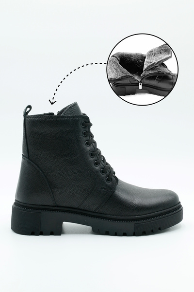 MAKRAS EXCLUSIVE Γυναικείες μαύρες μπότες από 100% γνήσιο δέρμα με επένδυση από γούνα