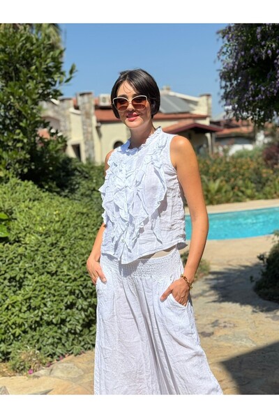 Punta Otantik Nc14092 Ruffled Sleeveless Italian Linen Suit White