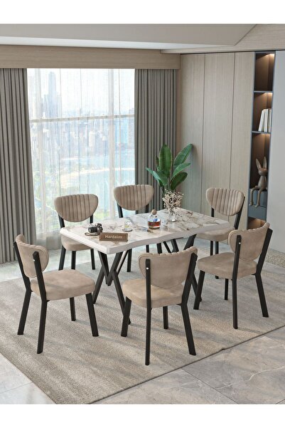 Hardalım Consept Mdf Kütük Masa 140x80 Elma Sandalye 6 Adet Babyface Kumaş Mu...