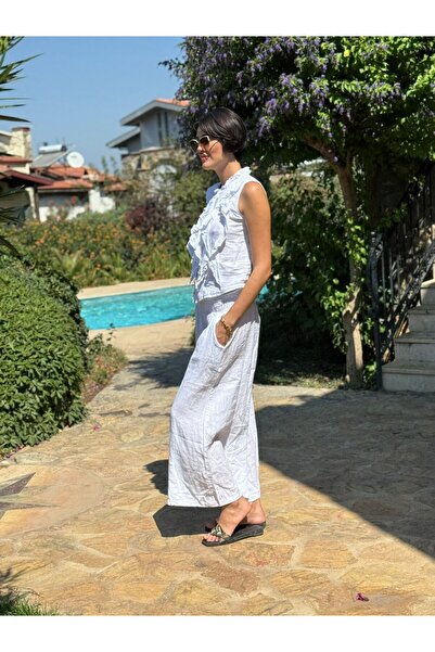 Punta Otantik Nc14092 Ruffled Sleeveless Italian Linen Suit White
