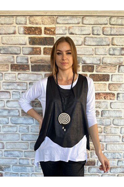 AGORATEKSTİL Women's Long Sleeve Cotton Viscose Fabric Blouse and Leather Necklace Gift