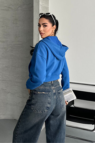 macharel jeans Kadın Mavi Renk Kapüşonlu Şardonlu Crop Sweatshirt Hırka