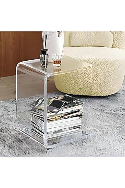 Slasa Acrylic C-Shaped Rolling Side Table – Modern Mobile End Table – 33 × 35.1 × 55.9 cm