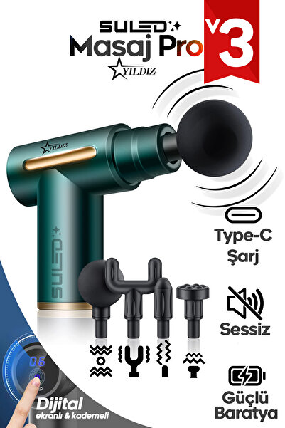 SULED Masaj Cihazı Masaj Tabancası Masaj Pro 3 Şarjlı 4 Başlıklı 6 Kademeli Masaj Aleti Sessiz