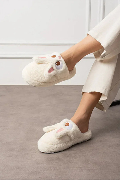 Behtah Kundura Cute Rabbit Figured Embroidered Winter Unisex House Slippers Non-Slip Sole That Doesn'T Make Noise