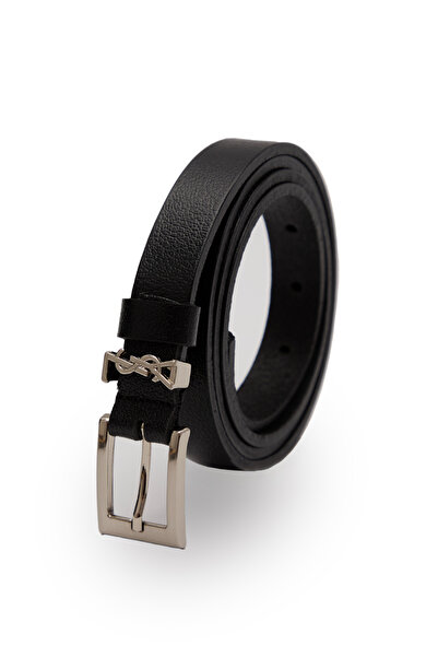 Velvoria حزام جلدي رفيع بإبزيم كبير باللون الأسود والفضي للنساء