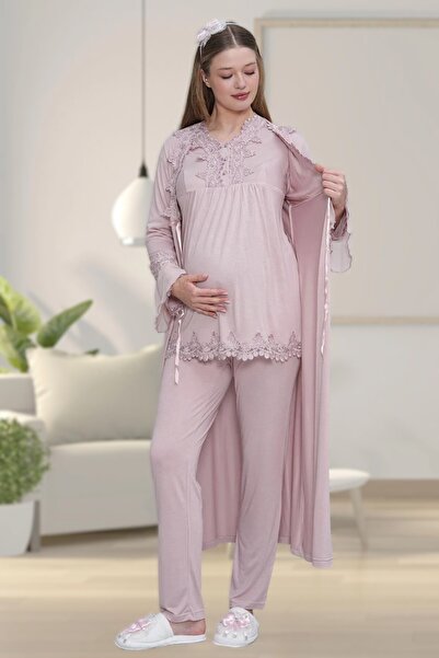 Lohusa Dünyasi Kadın Pudra Dantelli Uzun Sabahlıklı Lohusa 3'lü Pijama Takım Set