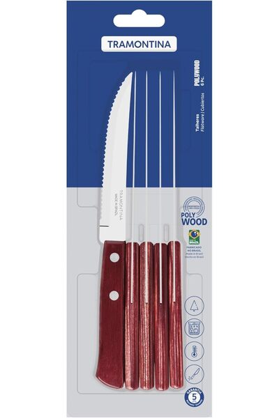 TRAMONTINA Polywood Steak Knives, Stainless Steel Blades, Red Handles, Set of 6