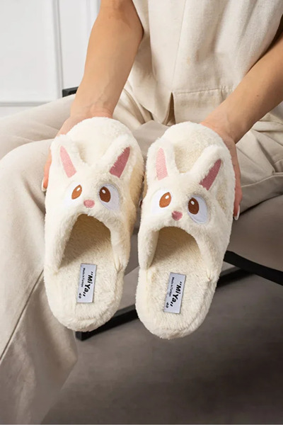 Behtah Kundura Cute Rabbit Figured Embroidered Winter Unisex House Slippers Non-Slip Sole That Doesn'T Make Noise
