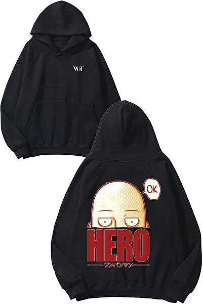 THEWERT Hanorac negru cu glugă cu imprimeu pe spate One Punch Man 4 Design