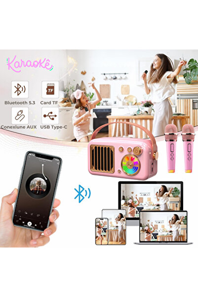 A AOOR Kids Karaoke Set – 2 Wireless Microphones, Bluetooth Speaker, RGB LED Lights, Pink