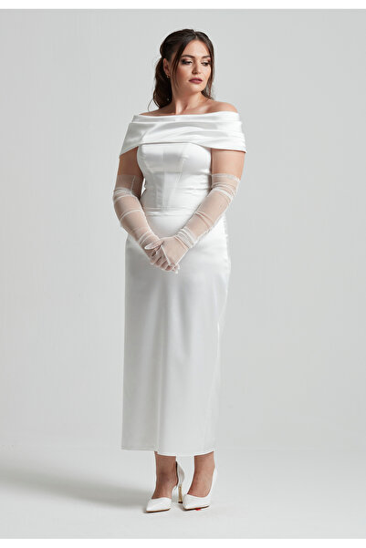 Moda Alba Detachable Neckline Strapless Midi Length Plus Size White Engagement Wedding Evening Dress