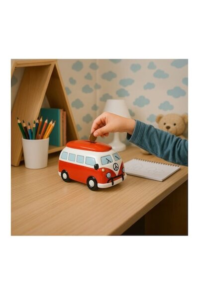 BREZIUM Pusculita pentru copii, in forma de masina, Lut, Alb/Rosu, 16x9x10cm,