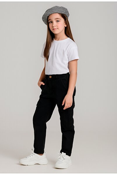 Dmb Girl's Button and Zipper Closure Adjustable Elastic Waist Cargo Pocket Regular Leg Jeans