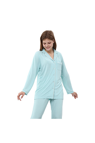 Kadın Mint Uzun Kollu Pijama Takımı – Düğmeli İki Parçalı Rahat Ev Kıyafeti, Yumuşak Viskon Kumaş