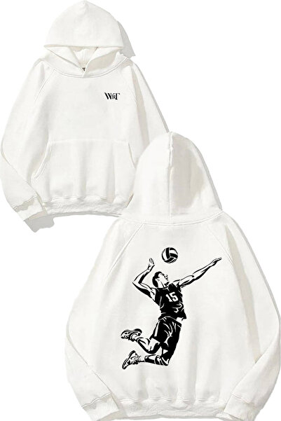 THEWERT Hanorac alb cu glugă cu imprimeu pe spate Voleyboll 4 Design