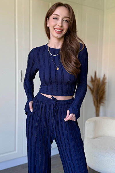 Dilay Gökoğlu Butik Ruffled Long Sleeve Crop Navy Blue Set