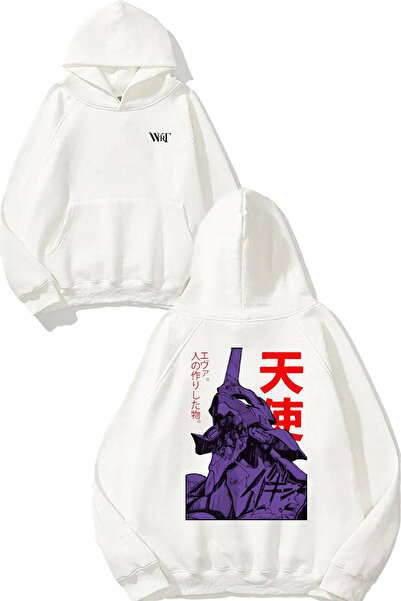 THEWERT سويت شيرت أبيض بقلنسوة مطبوع عليه تصميم نيون جينيسيس إيفانجيليون 1