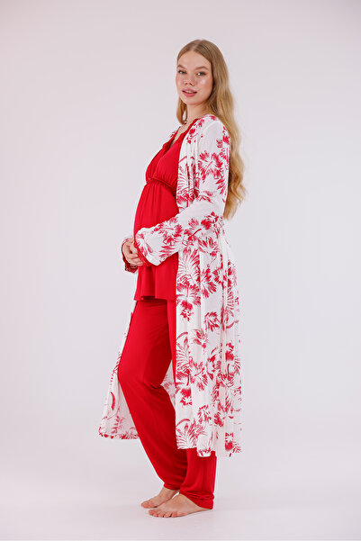 Yulem Homewear Red Patterned Lace Detailed Design Full Length Maternity Pajama Set with Dressing Gown for Pregnant Women, 3-Piece