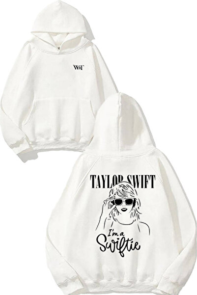 THEWERT سويت شيرت أبيض بقلنسوة مطبوع عليه تصميم تايلور سويفت 3