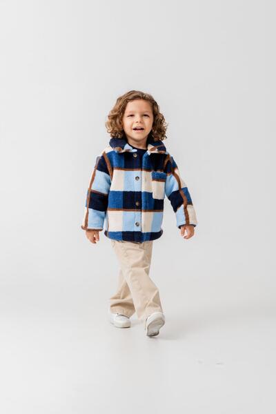 Magu Boy's cotton blue checkered patterned fleece jacket - buttoned with pockets