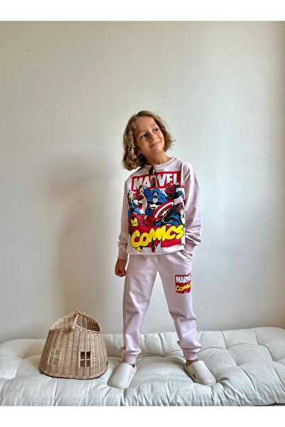 WİKİBOOM Beige Color Marvel Printed 2-Ply Seasonal Bottom and Top Boy's Set