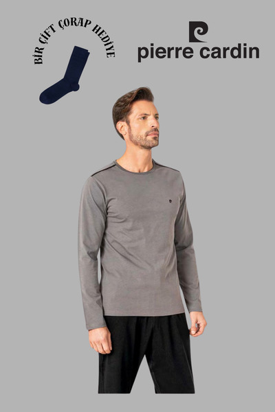 Pierre Cardin Men's Dark Gray Long Sleeve Cotton Pajama Set with 1 Pair of Socks Gift