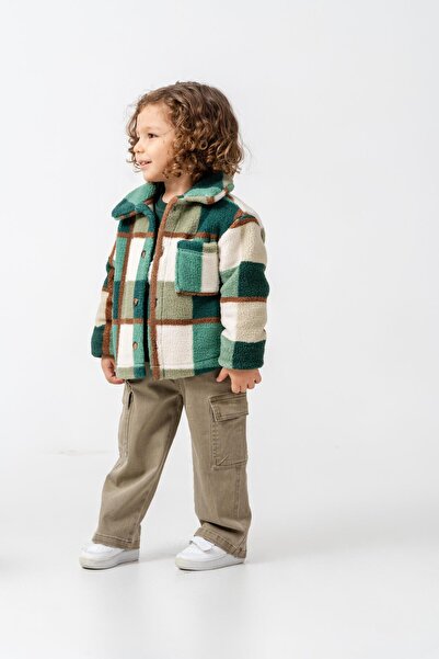 Magu Boy's Cotton Green Checkered Patterned Fleece Jacket – Buttoned with Pockets