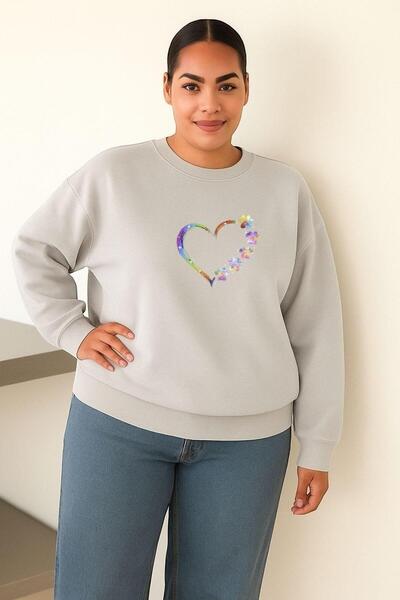 DM DOLCE MORE 3-нишка джърси, цветен принт със сърца, голям унисекс суитшърт