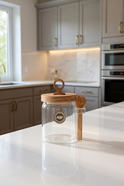 Kitchen Way وعاء زجاجي بغطاء أكاسيا مع ملعقة 400 مل KW-801