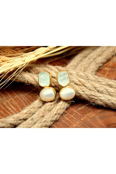 alpsilverart 925 Ayar Gümüş Ham Akuamarin ve İnci Taşlı Küpe | El Yapımı Otantik Kadın Takı