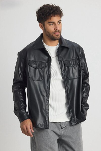 MADZEYMODA Ανδρικό δερμάτινο αθλητικό μπουφάν Premium με άνετη εφαρμογή, με επένδυση από φλις μαύρο LS-58543
