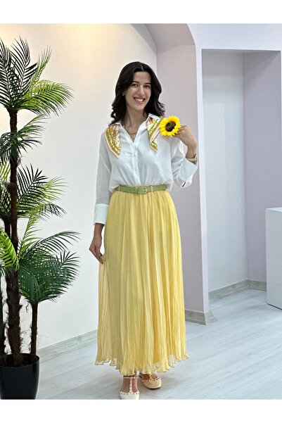 Kübra özbey boutıque Kemerli sarı piliseli etek