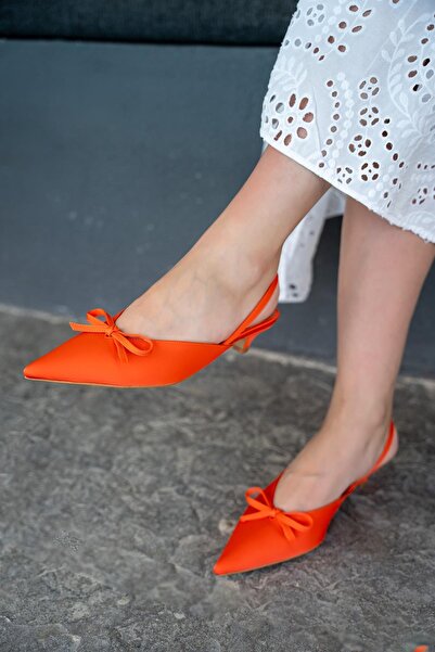 LamintaGlobal Fonis Orange Bow Detailed Satin Women's Heeled Shoes