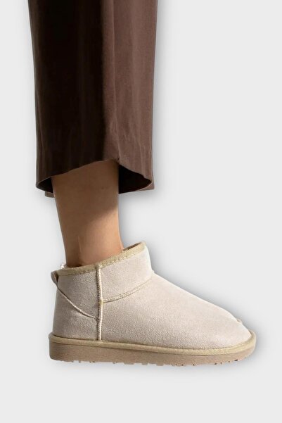 Liger Mini Süet İçi Kürklü Alçak Taban Bilekte Kısa Kadın Bot BEJ