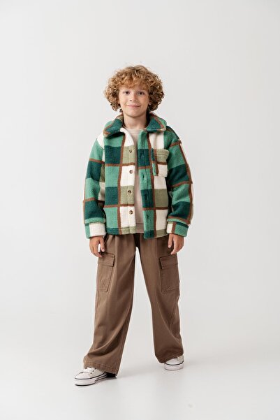 Magu Boy's Cotton Green Checkered Patterned Fleece Jacket – Buttoned with Pockets