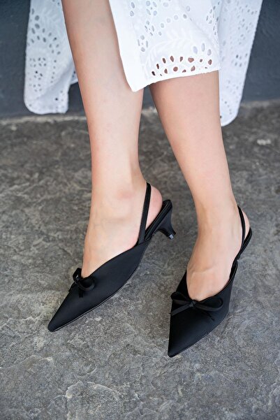 LamintaGlobal Fonis Black Bow Detailed Satin Women's Heeled Shoes