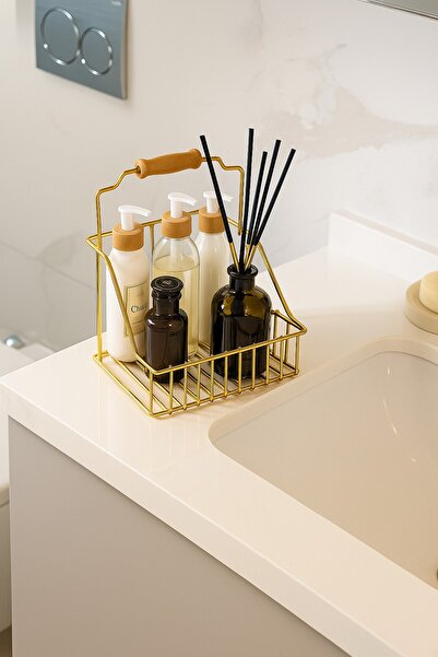 Edora Home Altın Ahşap Kulplu Retro Sepet, Şık Çok Amaçlı Düzenleyici Organizer