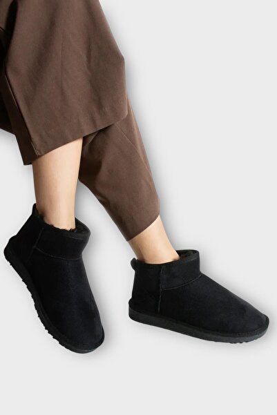 Liger Mini Süet İçi Kürklü Alçak Taban Bilekte Kısa Kadın Bot SİYAH