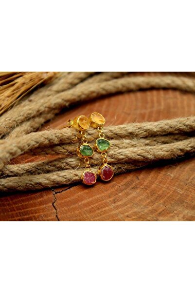 alpsilverart 925 Ayar Gümüş Ham Yakut, Sitirin ve Peridot Taşlı Küpe | El Yapımı Gösterişli Kadın Takı