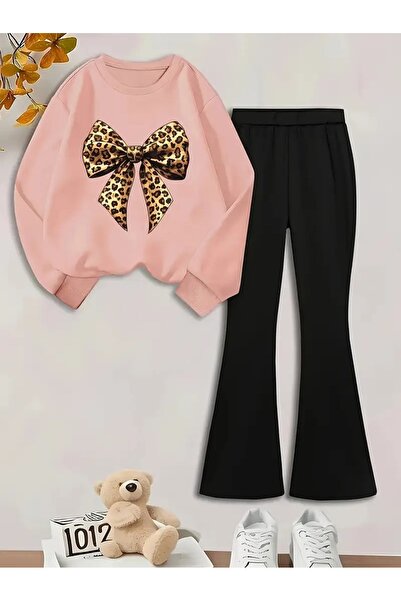buendiakids Kız Çocuk Pembe-Siyah Leopar Kurdele Baskılı Bisiklet Yaka İspanyol Paça Pantolon Takım