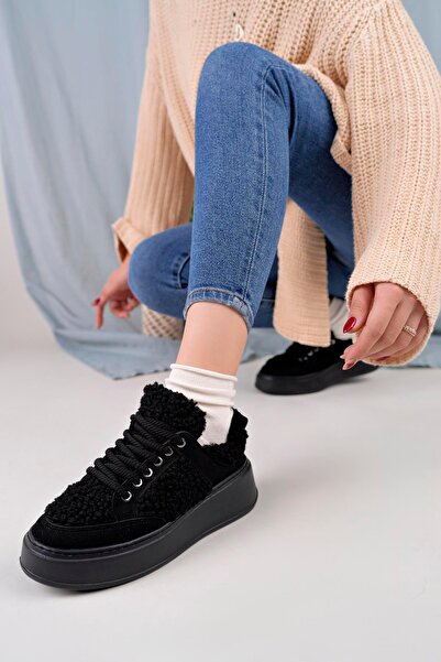 homiro Pantofi sport cu detalii de pluș pentru femei - negru