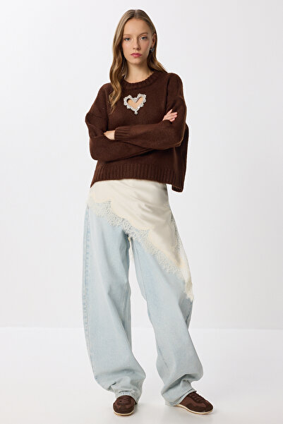 Lovelyİstanbul Κομψό πλεκτό πουλόβερ με λεπτομέρεια από πέτρα LUS0073 ΚΑΦΕ