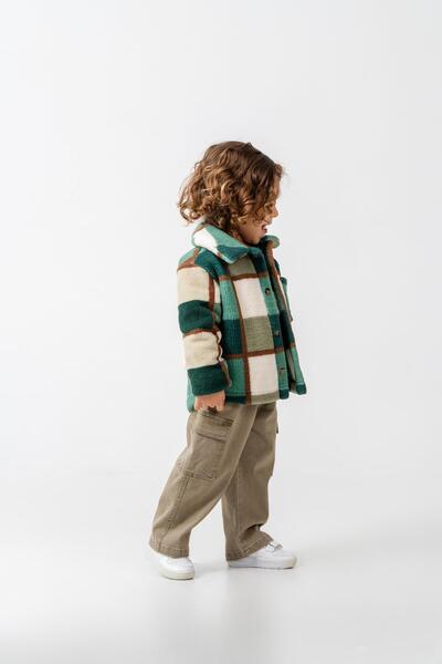 Magu Boy's Cotton Green Checkered Patterned Fleece Jacket – Buttoned with Pockets